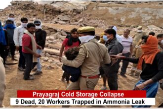 Prayagraj cold storage collapse: rescue workers removing debris ammonia gas leak scene