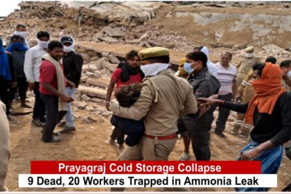 Prayagraj cold storage collapse: rescue workers removing debris ammonia gas leak scene