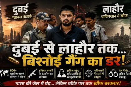 Lawrence Bishnoi Pakistan Connection: लॉरेंस बिश्नोई की फोटो के साथ पाकिस्तान, हाफिज सईद और गैंग नेटवर्क पर आधारित एक्सप्लेनर पोस्टर, जेल बैकग्राउंड और भारत-पाकिस्तान तनाव को दर्शाता डिजिटल न्यूज थंबनेल।