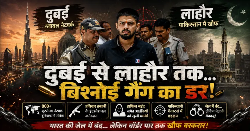 Lawrence Bishnoi Pakistan Connection: लॉरेंस बिश्नोई की फोटो के साथ पाकिस्तान, हाफिज सईद और गैंग नेटवर्क पर आधारित एक्सप्लेनर पोस्टर, जेल बैकग्राउंड और भारत-पाकिस्तान तनाव को दर्शाता डिजिटल न्यूज थंबनेल।