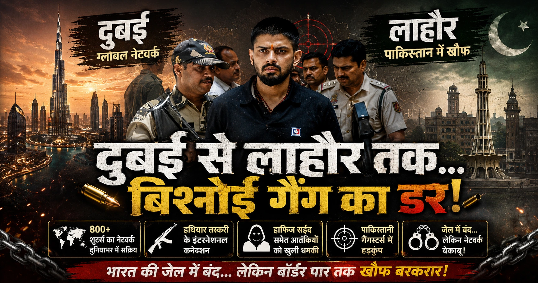 Lawrence Bishnoi Pakistan Connection: लॉरेंस बिश्नोई की फोटो के साथ पाकिस्तान, हाफिज सईद और गैंग नेटवर्क पर आधारित एक्सप्लेनर पोस्टर, जेल बैकग्राउंड और भारत-पाकिस्तान तनाव को दर्शाता डिजिटल न्यूज थंबनेल।