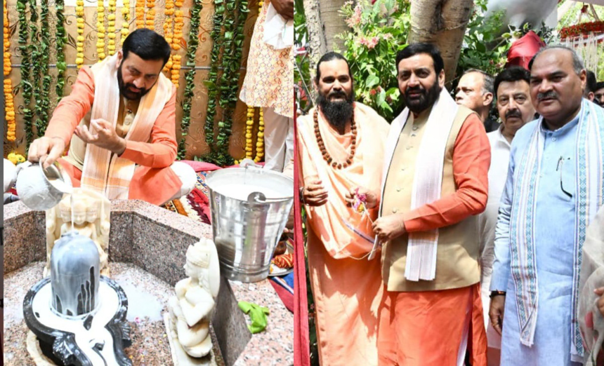 Rewari Mahadev Prangan Inauguration: Haryana CM Nayab Saini performing puja during Rewari Mahadev Prangan Inauguration