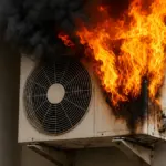 AC Fire Safety: Burnt air conditioner outdoor unit after electrical short circuit, highlighting AC fire safety risks during extreme summer heat in India.