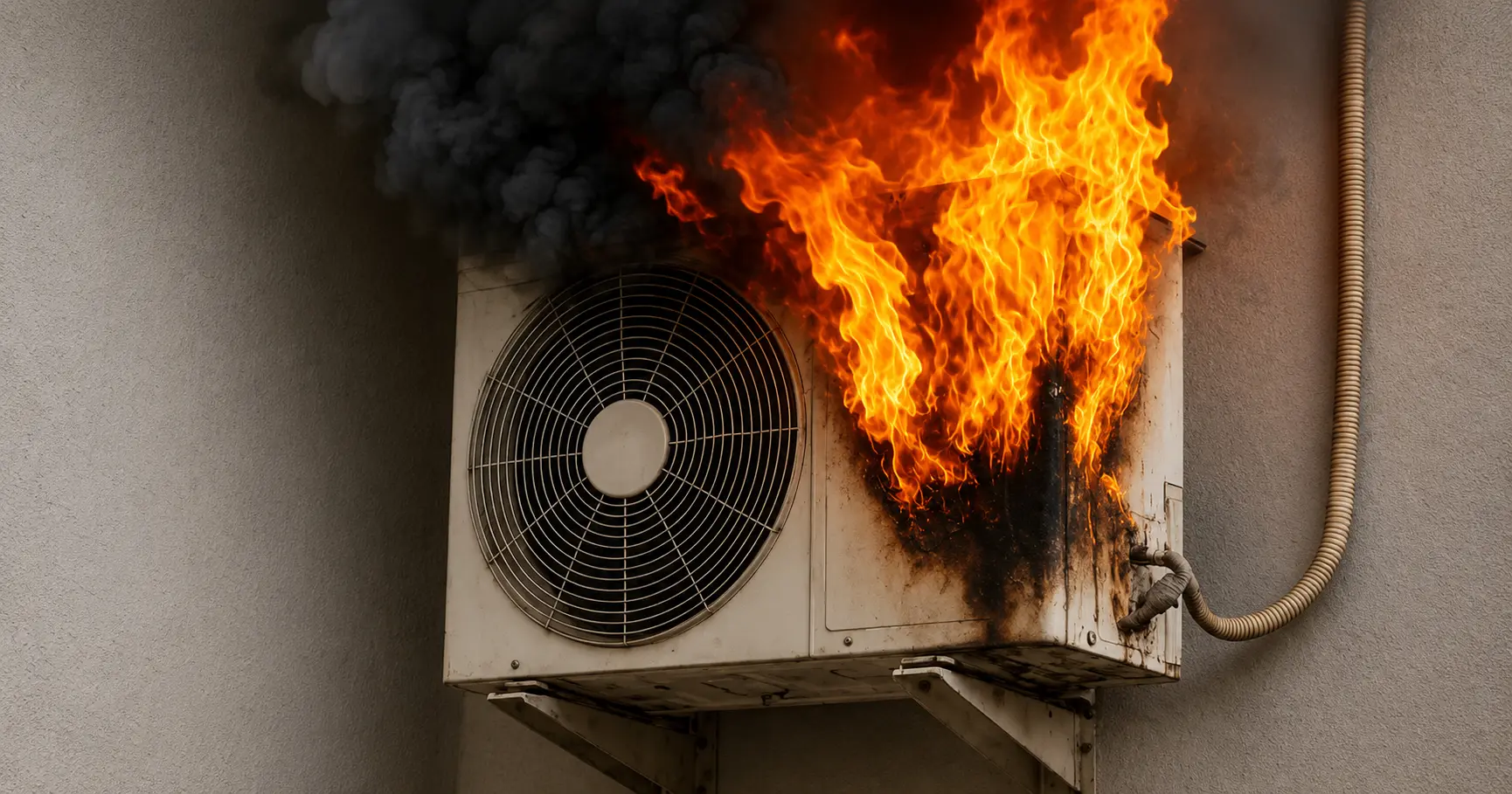 AC Fire Safety: Burnt air conditioner outdoor unit after electrical short circuit, highlighting AC fire safety risks during extreme summer heat in India.