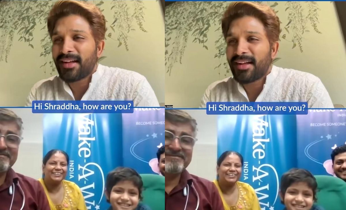 Allu Arjun interacting with a young cancer patient fan during an emotional Make-A-Wish Foundation meeting and bringing a smile to her face