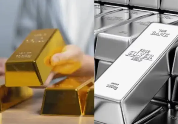 Gold Price Drop: Gold jewelry and silver bars displayed at a bullion shop after a sharp decline in gold and silver prices.