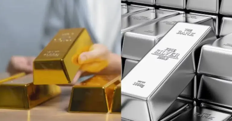 Gold Price Drop: Gold jewelry and silver bars displayed at a bullion shop after a sharp decline in gold and silver prices.