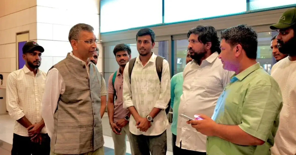 MT Jalveer Attack: Indian crew members of MT Jalveer meeting Indian Embassy officials in Muscat before returning to India after the Hormuz Strait incident.