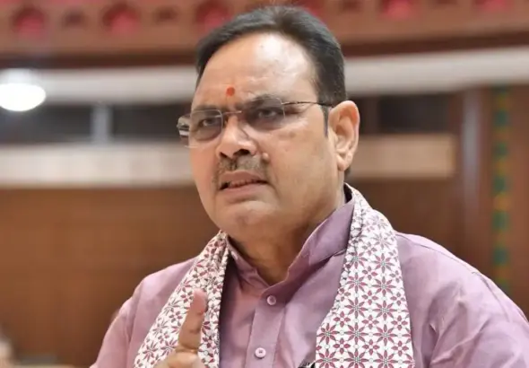 Rajasthan CM Bhajan Lal Sharma announcing the renaming of Mount Abu to Aburaj during a public event in Sirohi district.