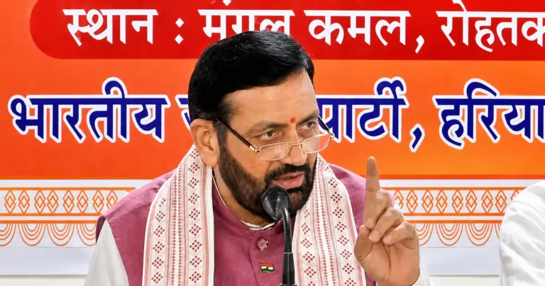 Nari Shakti Vandan Adhiniyam: Haryana Chief Minister Nayab Singh Saini addressing a press conference in Rohtak on the Nari Shakti Vandan Adhiniyam and women's reservation issue