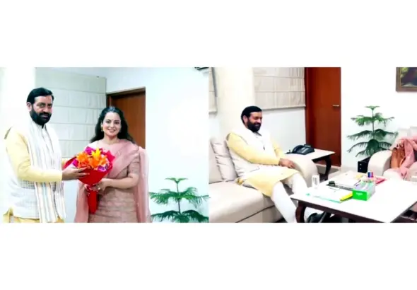 Nayab Saini Kangana Ranaut: हरियाणा भवन में मुख्यमंत्री नायब सिंह सैनी और सांसद कंगना रनौत शिष्टाचार भेंट के दौरान चर्चा करते हुए।