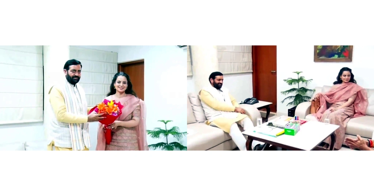 Nayab Saini Kangana Ranaut: हरियाणा भवन में मुख्यमंत्री नायब सिंह सैनी और सांसद कंगना रनौत शिष्टाचार भेंट के दौरान चर्चा करते हुए।