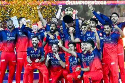 RCB IPL 2026 Champions: Virat Kohli celebrating after guiding RCB to victory in the IPL 2026 Final against Gujarat Titans.