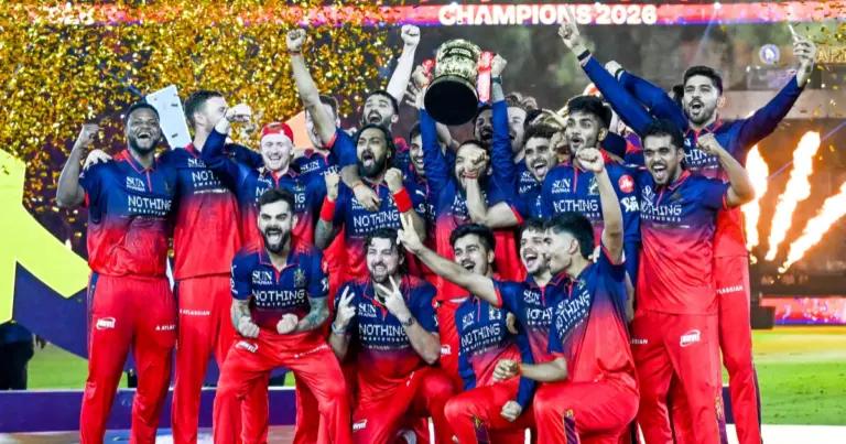 RCB IPL 2026 Champions: Virat Kohli celebrating after guiding RCB to victory in the IPL 2026 Final against Gujarat Titans.