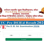 Rajasthan BSTC Result 2026: result login page on VMOU website, showing application number and date of birth fields for candidates to check and download their Pre DElEd scorecard online.