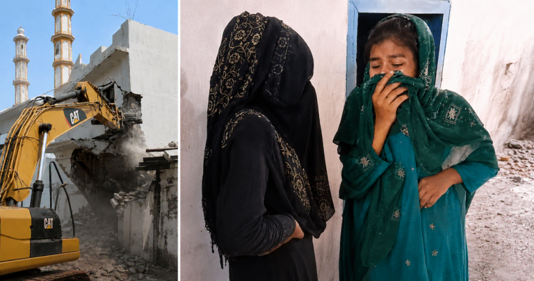 Sambhal Mosque Demolition: Bulldozer action on disputed mosque built on government land, local women crying and requesting authorities to stop demolition, police administration present at the site.