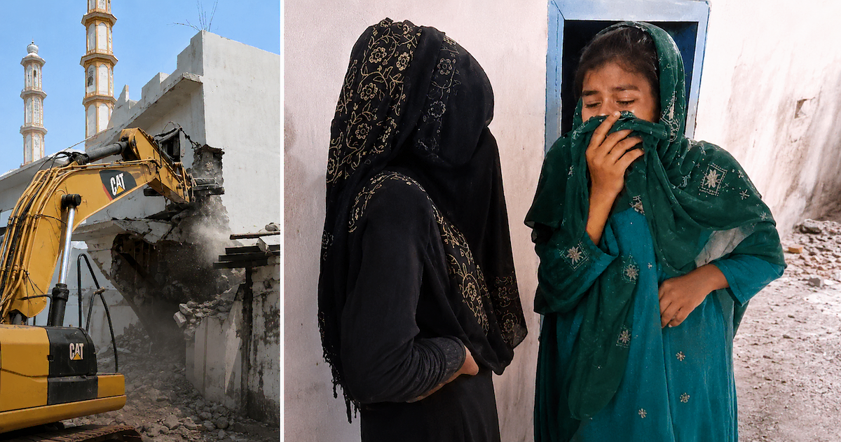 Sambhal Mosque Demolition: Bulldozer action on disputed mosque built on government land, local women crying and requesting authorities to stop demolition, police administration present at the site.