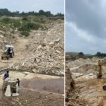 Illegal Mining Blast: Villagers protesting on the Kota-Jhansi highway in Shivpuri, while damaged houses and fallen stones are seen in the background.