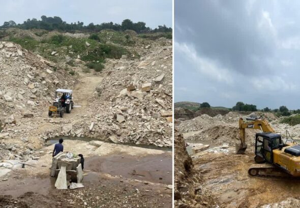 Illegal Mining Blast: Villagers protesting on the Kota-Jhansi highway in Shivpuri, while damaged houses and fallen stones are seen in the background.