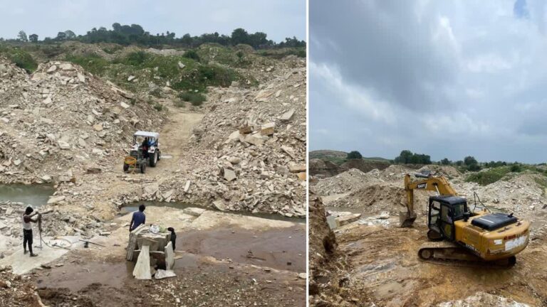 Illegal Mining Blast: Villagers protesting on the Kota-Jhansi highway in Shivpuri, while damaged houses and fallen stones are seen in the background.