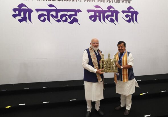 PM Modi 12 Years in Office: PM Modi being felicitated during the NDA conclave at Bharat Mandapam in New Delhi.