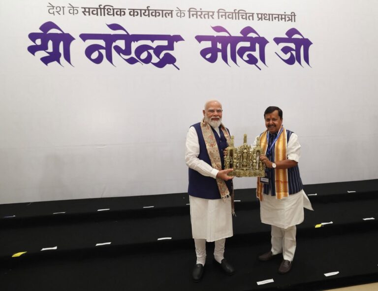 PM Modi 12 Years in Office: PM Modi being felicitated during the NDA conclave at Bharat Mandapam in New Delhi.
