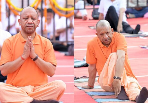 UP CM Yogi Adityanath participating in a mass yoga session during International Yoga Day 2026 celebrations in Jhansi.