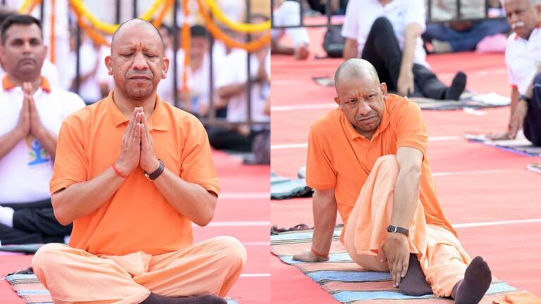 UP CM Yogi Adityanath participating in a mass yoga session during International Yoga Day 2026 celebrations in Jhansi.