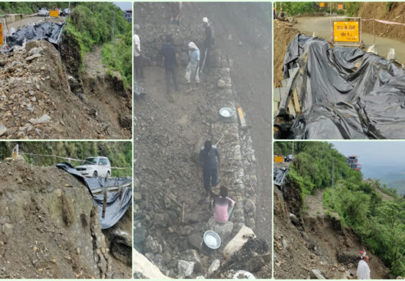 Mussoorie Dehradun Highway after a major landslide triggered by continuous rainfall in Uttarakhand, causing a massive traffic jam.