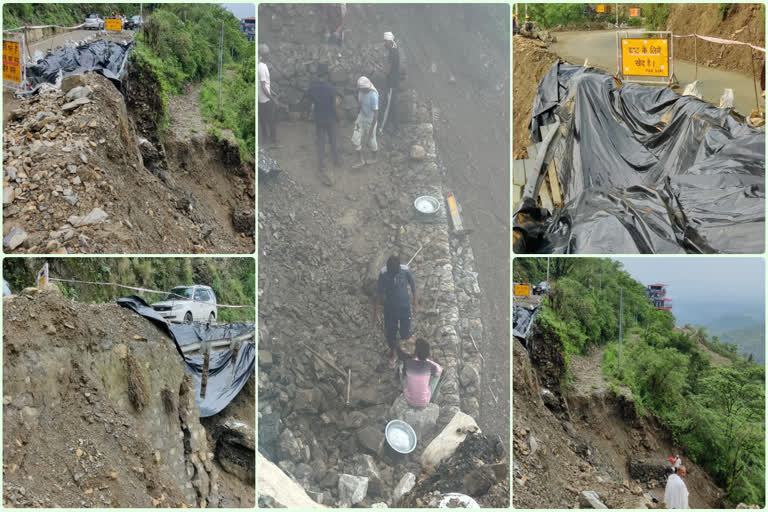 Mussoorie Dehradun Highway after a major landslide triggered by continuous rainfall in Uttarakhand, causing a massive traffic jam.