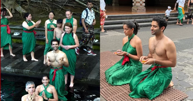 Ayushmaan Sethi Bali Temple: Ayushmaan Sethi and Samiksha Shetty performing a water purification ritual at Tirta Empul Temple in Bali