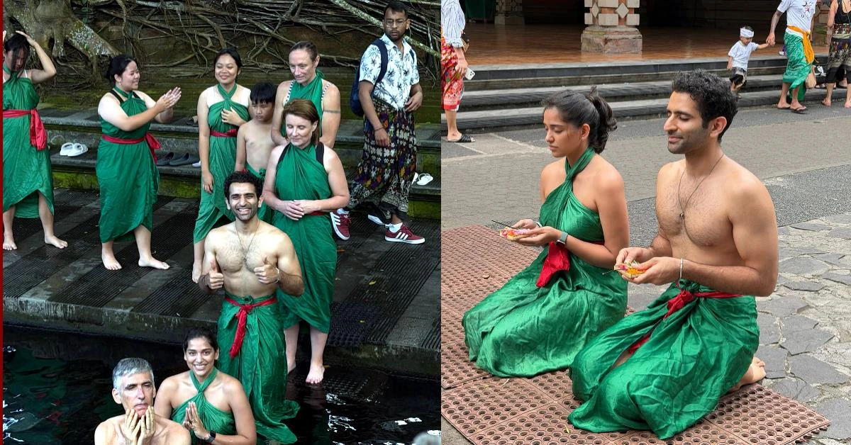 Ayushmaan Sethi Bali Temple: Ayushmaan Sethi and Samiksha Shetty performing a water purification ritual at Tirta Empul Temple in Bali