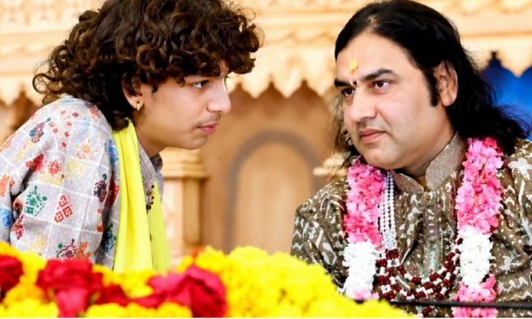 Devansh Thakur Bhagavad Gita on stage while Devkinandan Thakur watches during a religious event in Somnath| D_N THAKUR ‘X’