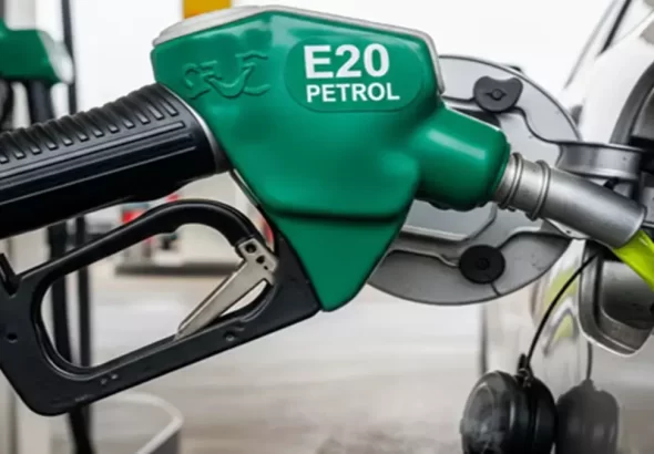 Petrol pump displaying E20 fuel signage as the E20 Janata Party campaign demands the option of 100% pure petrol for consumers.