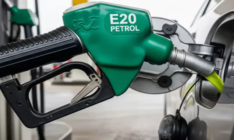 Petrol pump displaying E20 fuel signage as the E20 Janata Party campaign demands the option of 100% pure petrol for consumers.