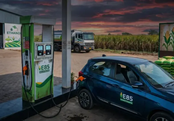 Ethanol Blended Petrol explained with fuel nozzle, ethanol plant and vehicles in India