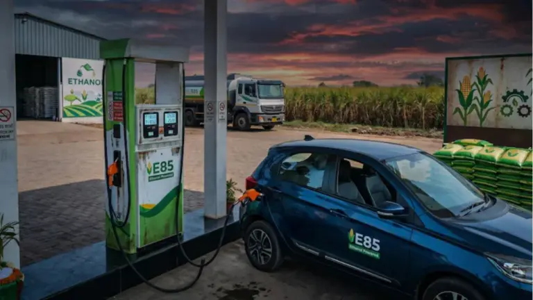 Ethanol Blended Petrol explained with fuel nozzle, ethanol plant and vehicles in India