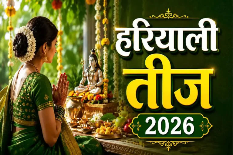Hariyali Teej 2026: Married women performing puja with Lord Shiva and Goddess Parvati, wearing green sarees and traditional jewelry.