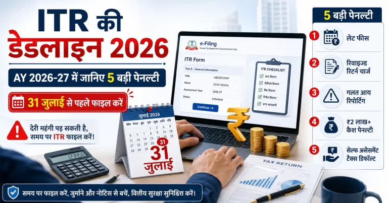 ITR Filing Deadline 2026: Taxpayer reviewing ITR Filing Deadline 2026 and five Income Tax Penalties for AY 2026-27