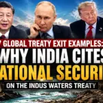 Indus Waters Treaty: Map highlighting the Indus River system with India and Pakistan, alongside symbolic flags of the United States, Russia and China representing international treaty precedents|PHOTO AI