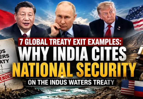 Indus Waters Treaty: Map highlighting the Indus River system with India and Pakistan, alongside symbolic flags of the United States, Russia and China representing international treaty precedents|PHOTO AI