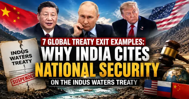 Indus Waters Treaty: Map highlighting the Indus River system with India and Pakistan, alongside symbolic flags of the United States, Russia and China representing international treaty precedents|PHOTO AI