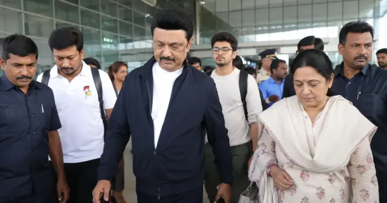 MK Stalin London Visit : MK Stalin with family at the airport during London visit for Inbanidhi's graduation ceremony