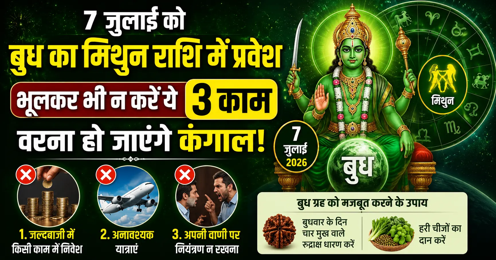 Mercury Transit in Gemini on July 7 with zodiac symbols, green theme, astrology chart and financial caution concept.