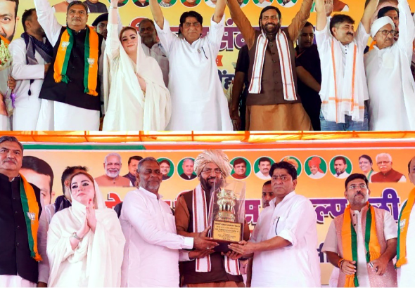 Nayab Singh Saini Mewat Development: Haryana CM Nayab Singh Saini addressing Mewat Vikas Sankalp Rally in Punhana, Nuh, on July 25, 2026