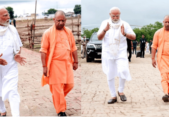Narendra Modi Yogi Adityanath: Nitin Nabin speaking at a BJP event highlighting Narendra Modi and Yogi Adityanath leadership with party supporters in the background.