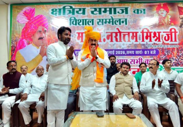Former Madhya Pradesh Home Minister Dr. Narottam Mishra during a public meeting in Datia before the by-election