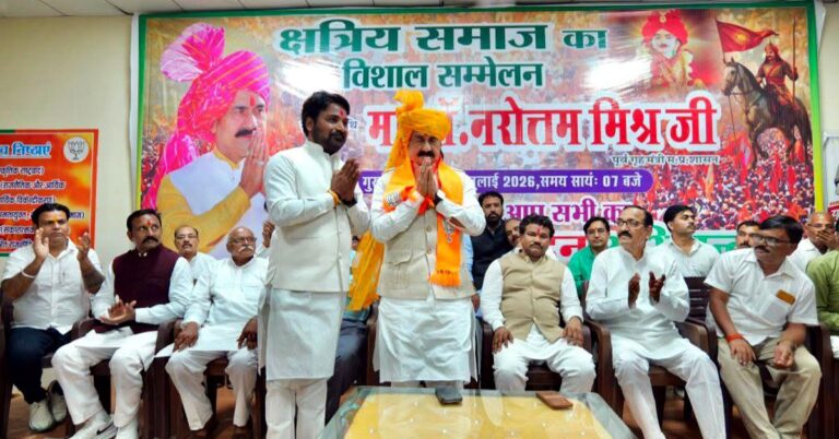 Former Madhya Pradesh Home Minister Dr. Narottam Mishra during a public meeting in Datia before the by-election