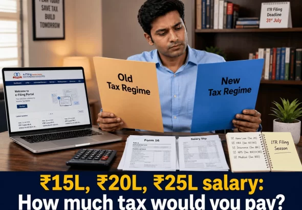 New Tax Regime and Old Tax Regime comparison for ₹15 lakh, ₹20 lakh and ₹25 lakh annual salary before filing ITR 2026.
