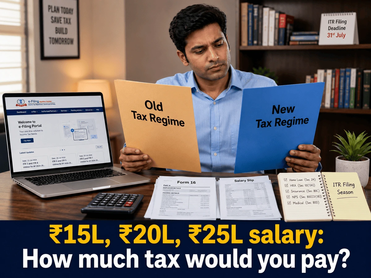 New Tax Regime and Old Tax Regime comparison for ₹15 lakh, ₹20 lakh and ₹25 lakh annual salary before filing ITR 2026.